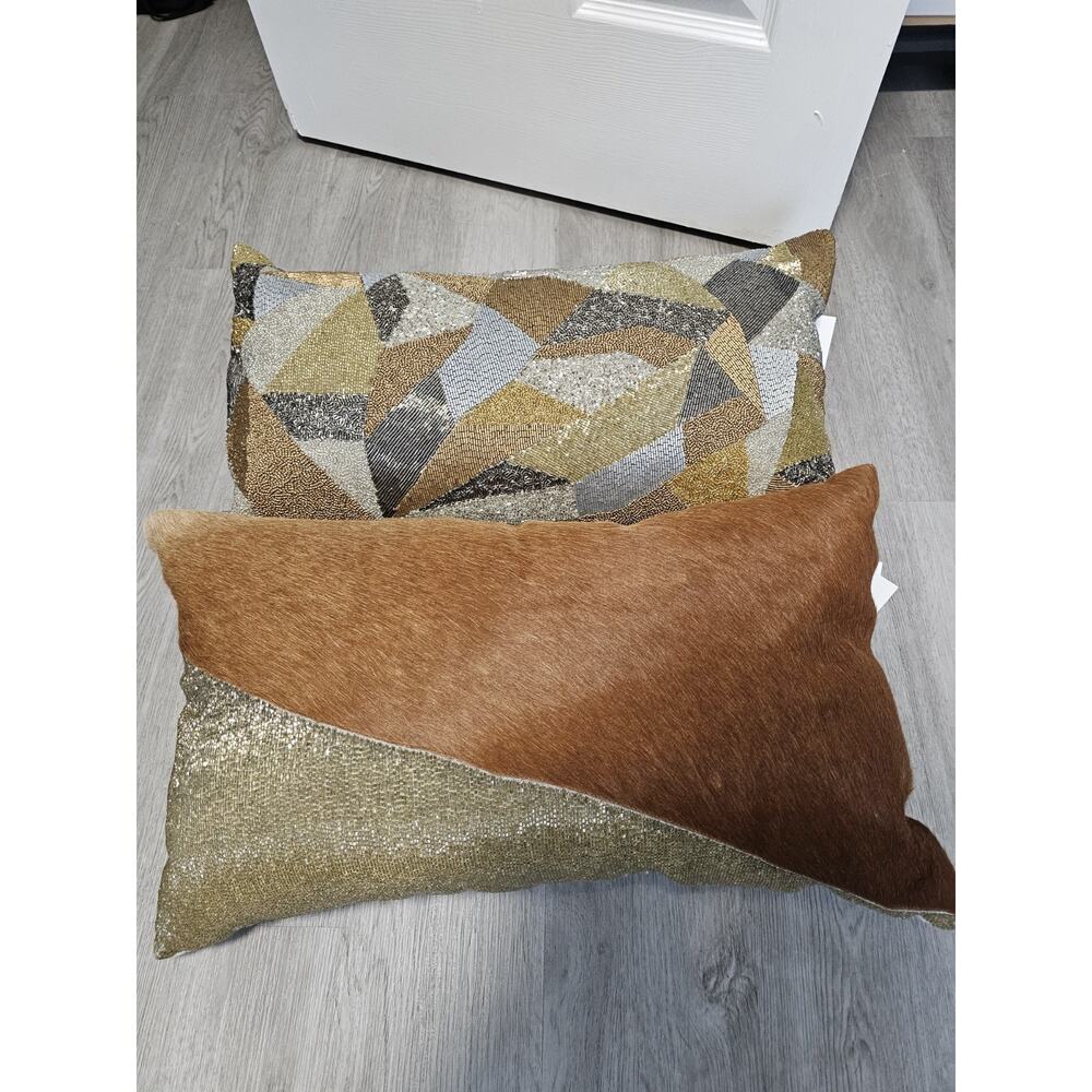 Callisto Home Deco Pillows Gold Beaded Brown Hair NWT Lot Of 2